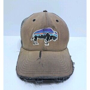 Patagonia Fitz Roy Buffalo Brown Snapback Trucker Hat Cap Logo Distressed Faded